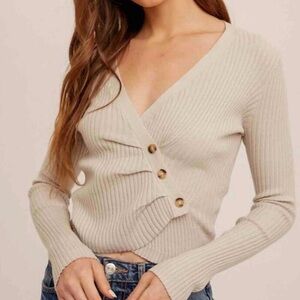 Hem & Thread Beige V-Neck Sweater with Button Detail